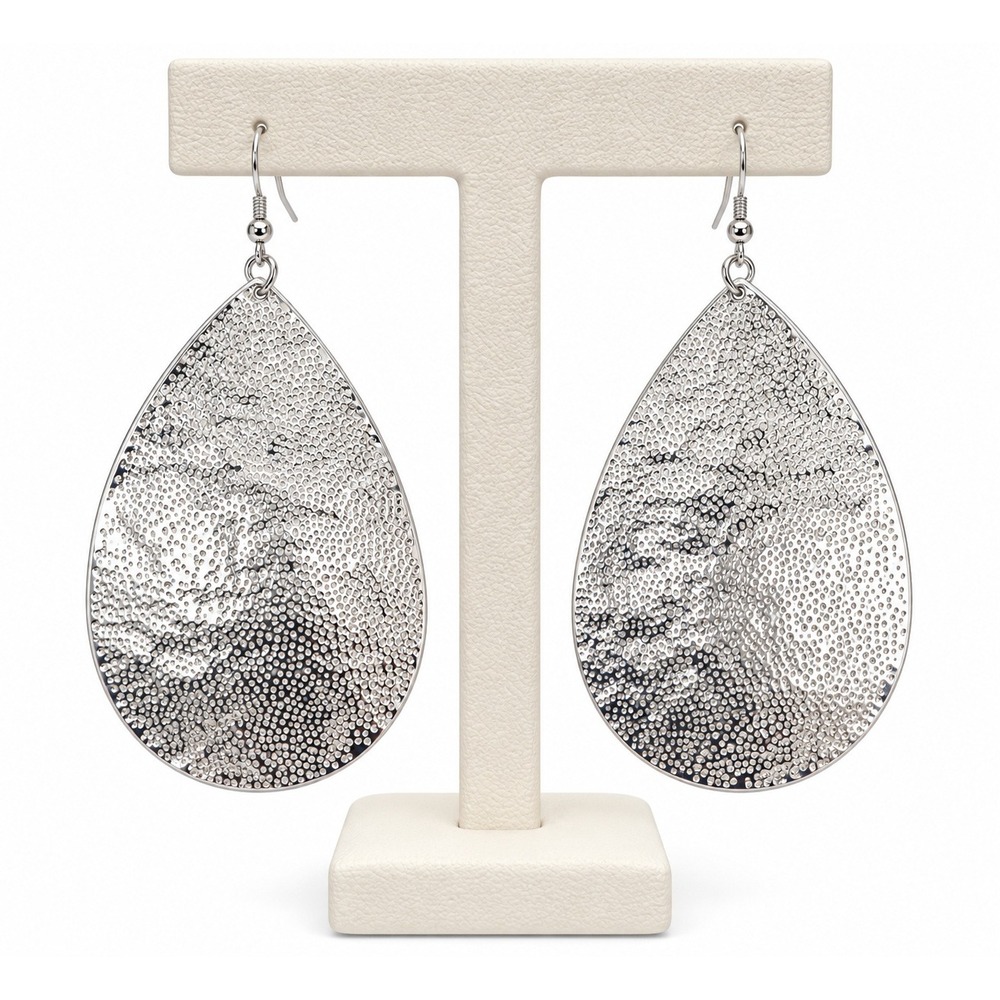 Premier Designs Sea Spray Hammered Silver Tone Teardrop Statement Earrings 3in